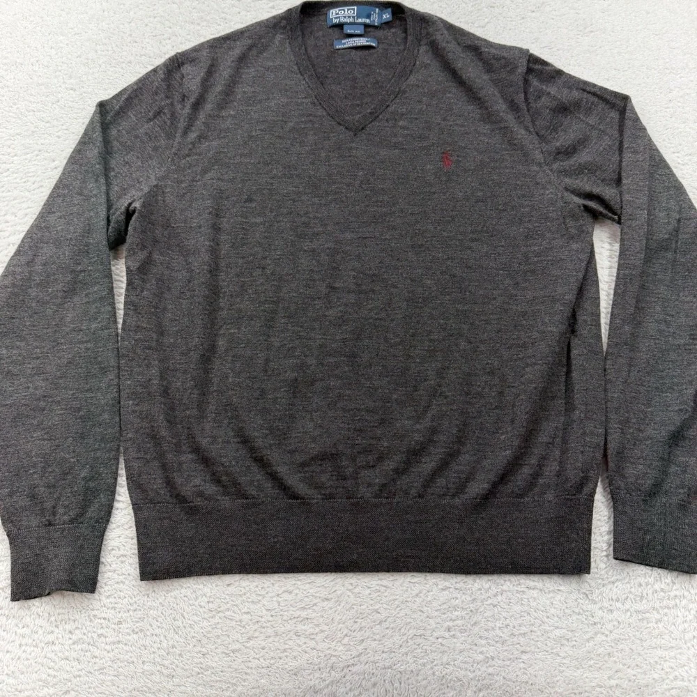 Polo Ralph Lauren Mens V Neck Sweater Dark‎ Gray Merino Wool Slim Fit XL